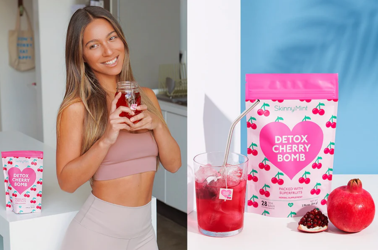 A woman drinking SkinnyMint Detox Cherry Bomb tea on the left, and Detox Cherry Bomb packet on the right.