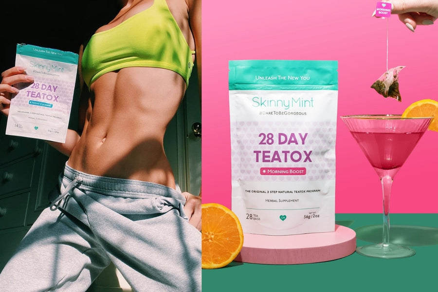 Model with flat stomach and no bloating. SkinnyMint 28 Day Teatox reduces bloating.