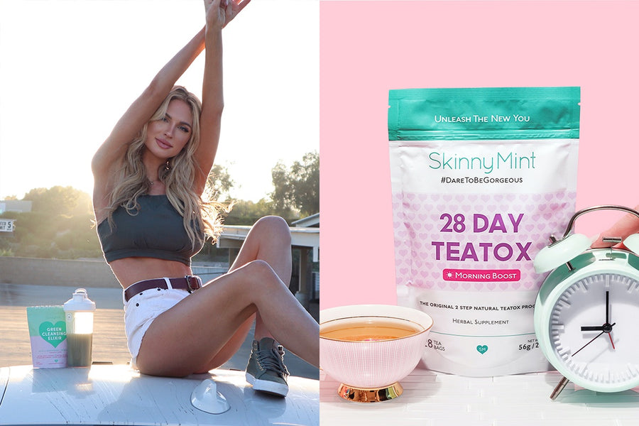 A model stretching next to SkinnyMint tea on the left, a packet of SkinnyMint 28 Day Teatox on the right.