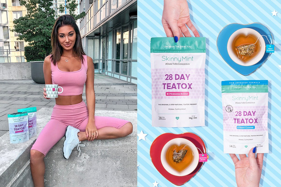 Detox the right way with SkinnyMint. Model holding SkinnyMint tea on the left, SkinnyMint 28 Day Teatox on the right.