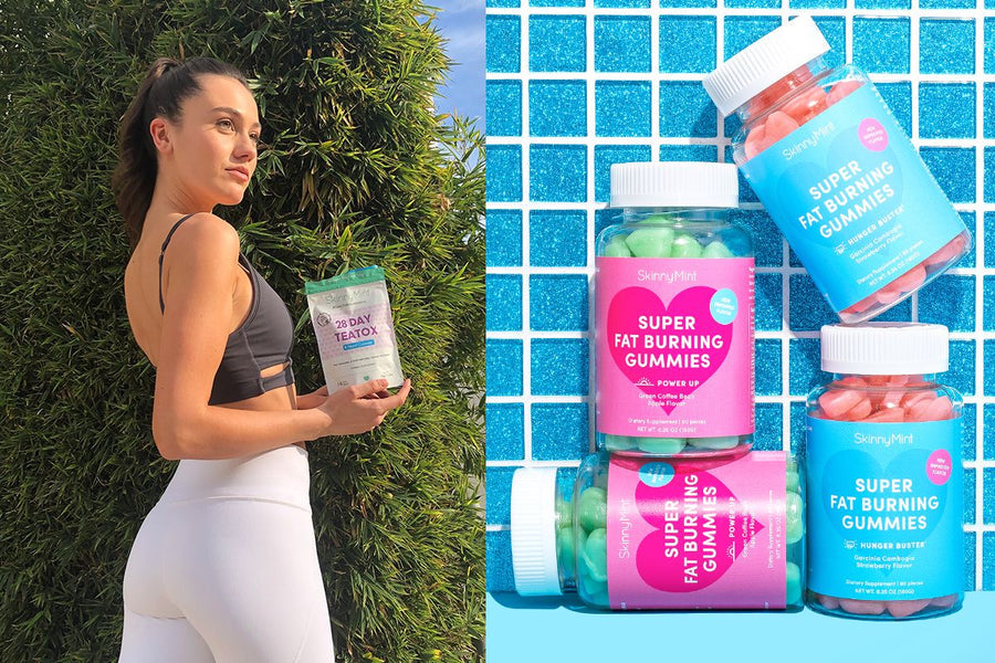 Model holding SkinnyMint 28 Day Teatox on the left, Super Fat Gummies photographed on the right.