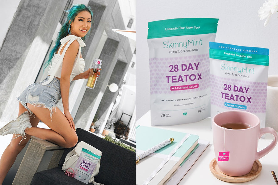 A woman holding a glass of SkinnyMint 28 Day Teatox on the left side, and two packets of SkinnyMint 28 Day Teatox on the right side.