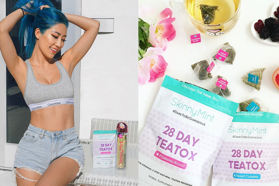 Model posing with SkinnyMint 28 Day Teatox detox tea.