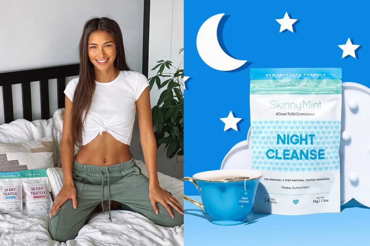 A woman smiling and kneeling on the bed on the left side. SkinnyMint Night Cleanse tea on the right side.