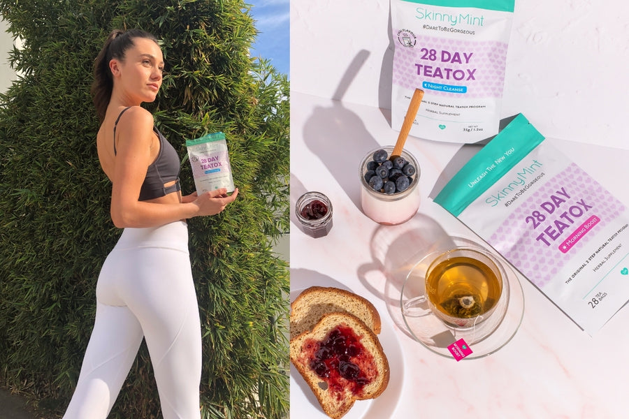 Model holding SkinnyMint 28 Day Teatox, concept of maintaining weight.