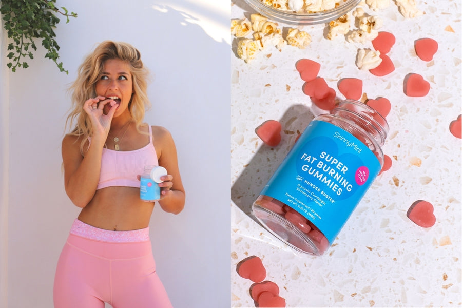 Model eating SkinnyMint Super Fat Burning Gummies to lose pounds.