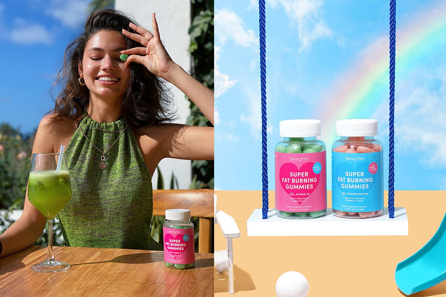 Model posing with SkinnyMint Green Cleansing Elixir and Super Fat Burning Gummies.
