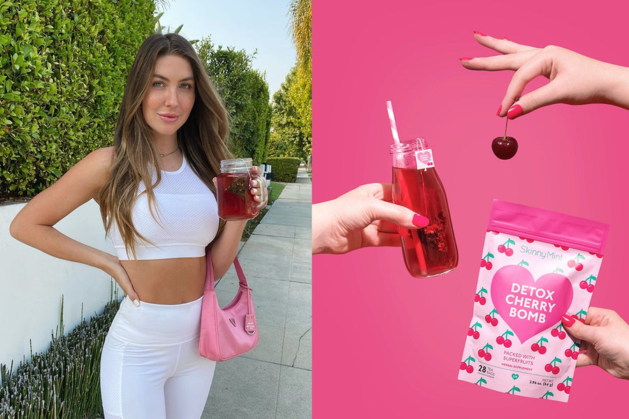 Young woman drinking SkinnyMint Detox Cherry Bomb to get Vitamin C and other essential nutrients.